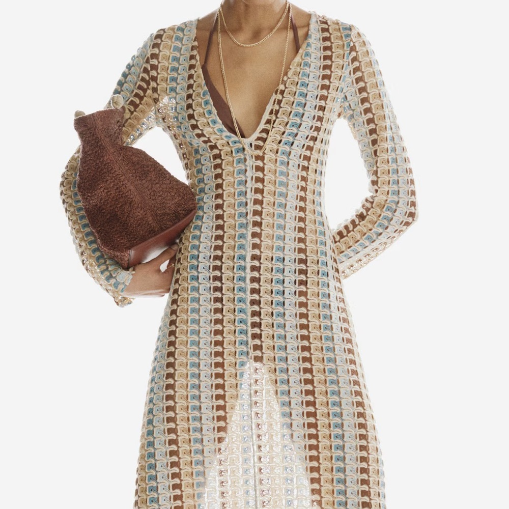 H&M Crochet-knit V-neck Maxi Dress in Cream, Brown & Blue